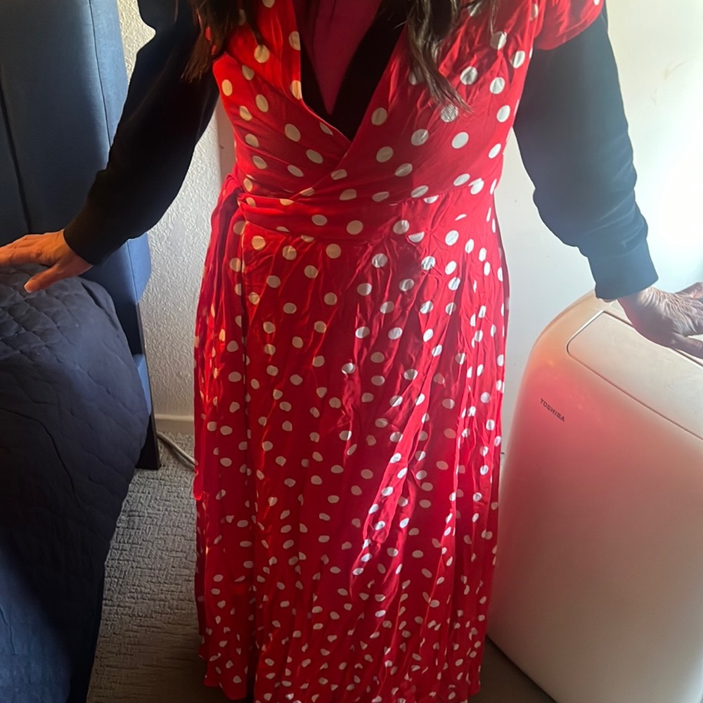 Woman’s cute long wrap polka dot dress! Red and white perfect for the holidays!